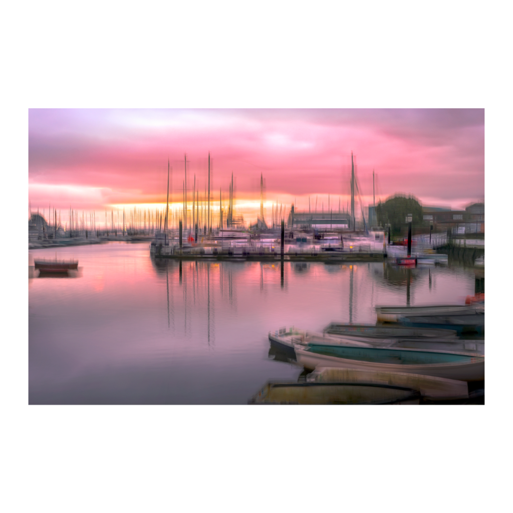 The Crack of Dawn at Lymington Harbour, pink winter skies and a literal crack of dawn. Available as a greetings card designed to be a gift by it's quality, A4 and A3 fine art giclee prints also available.