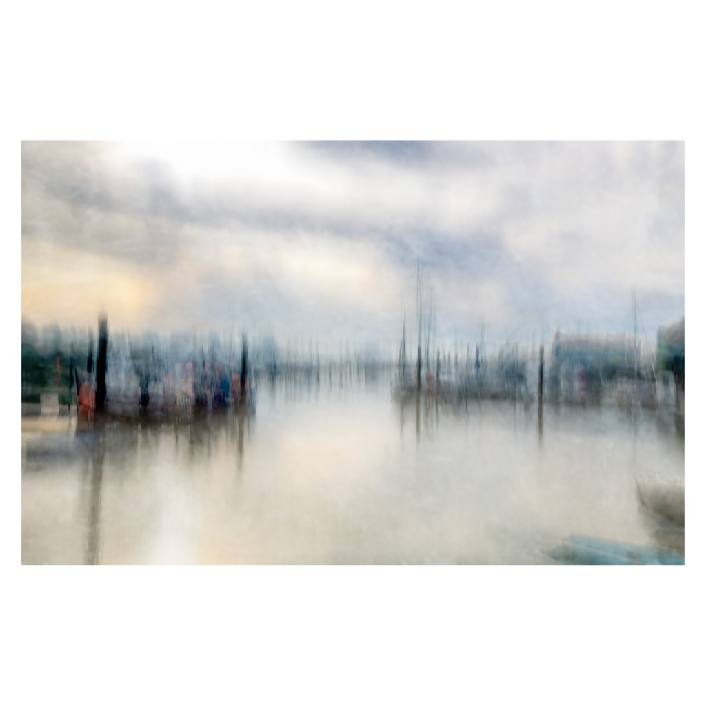 Lymington harbour impressionist photograph on a winter morning revealing the colours of the boats and the light. Fine art greeting card, A4 or A3 Giclee print on fine art artsure paper.